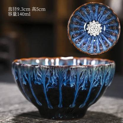 Kiln Change Inlaid Silver Tea Cup Gilding Teacup Ceramic Tea Cup Chinese Kung Fu Tea Set Master Cup Household Flower Tea Bowl