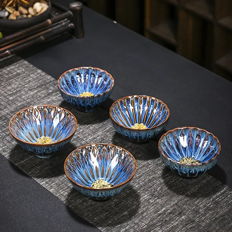 Kiln Change Inlaid Silver Tea Cup Gilding Teacup Ceramic Tea Cup Chinese Kung Fu Tea Set Master Cup Household Flower Tea Bowl