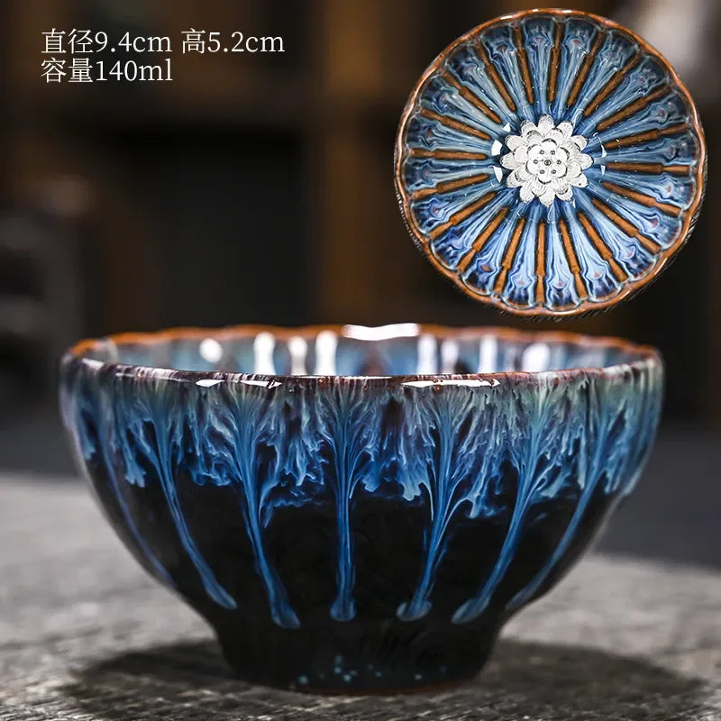 Kiln Change Inlaid Silver Tea Cup Gilding Teacup Ceramic Tea Cup Chinese Kung Fu Tea Set Master Cup Household Flower Tea Bowl
