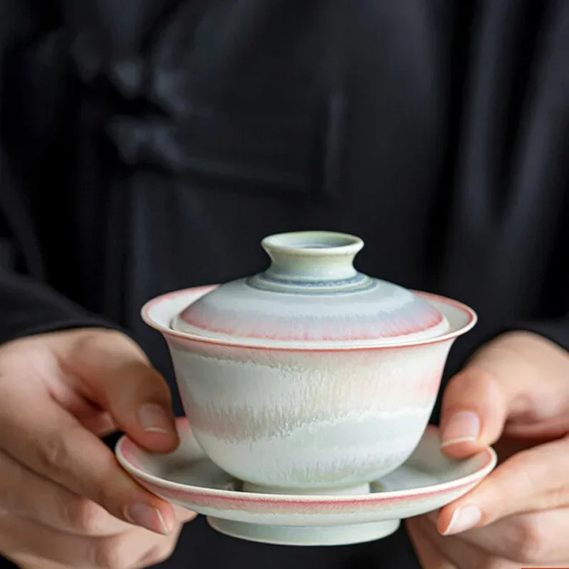 Kiln Change Pink Gaiwan For Tea Porcelain Chinese Jingdezhen Tureen Teaware Set Tea Bowl Kung Fu Tea Chawan Tea Cups Lily