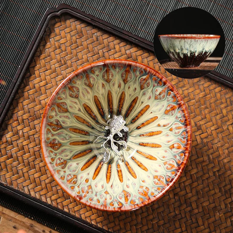 Kiln Change Tea Cup Tianmu Glaze Jianzhan Inlaid Silver Tea Cup Ceramic Teacup Master Cup Chinese Kung Fu Tea Set Tea Bowl