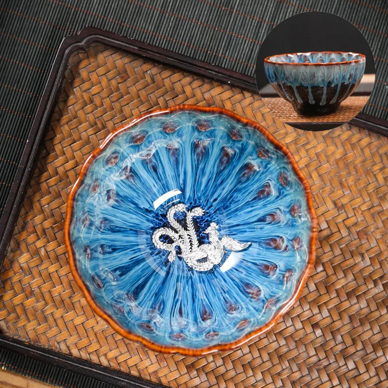 Kiln Change Tea Cup Tianmu Glaze Jianzhan Inlaid Silver Tea Cup Ceramic Teacup Master Cup Chinese Kung Fu Tea Set Tea Bowl