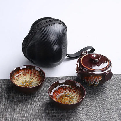Kiln Change Travel Tea Set, Portable Teapot, 1 Pot2 Cups, Outdoor Car Teapot, Quick Guest Cup,  Teaware Porcelain