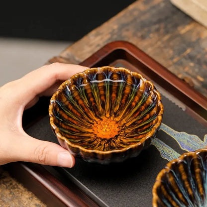 Kiln Transformation Tea Cup Temmoku Glaze Ceramic Tea Cup Inlaid Lotus Chinese Kung Fu Tea Set Jianzhan Teacup Tea Bowl Teaware