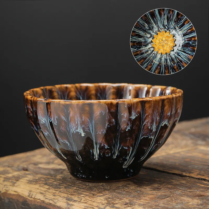 Kiln Transformation Tea Cup Temmoku Glaze Ceramic Tea Cup Inlaid Lotus Chinese Kung Fu Tea Set Jianzhan Teacup Tea Bowl Teaware