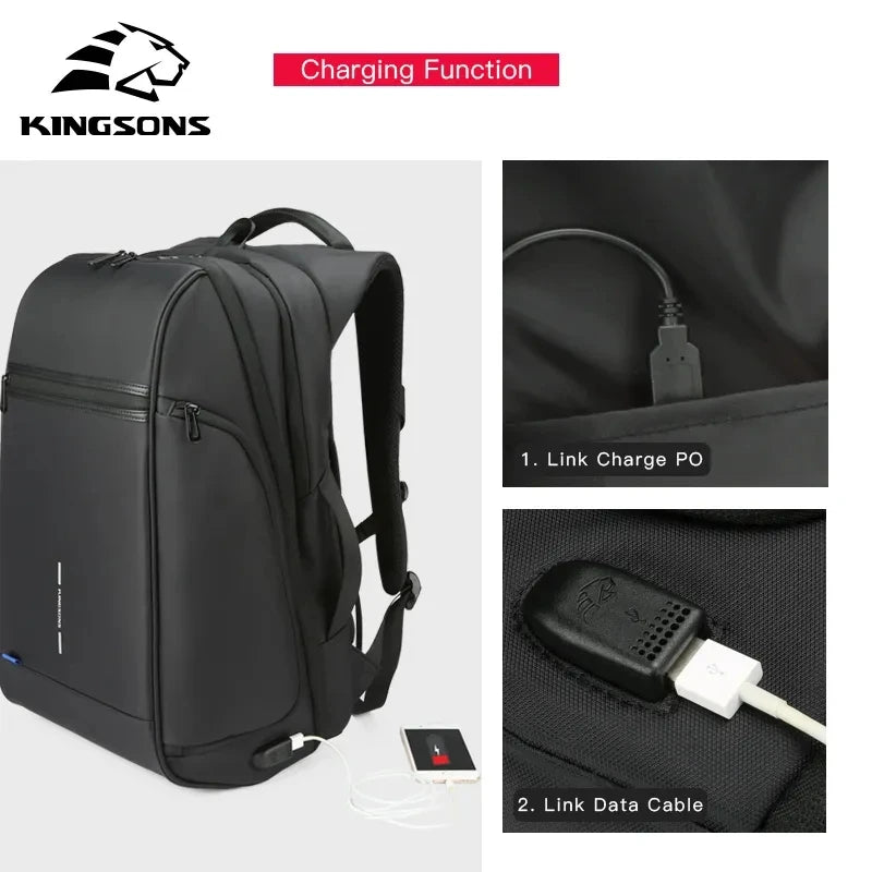 Kingsons 15 17 inch Laptop Man Backpack   USB Recharging Multi-layer Space Travel Male Bag Anti-thief Mochila