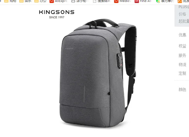 Kingsons Men's Backpack Fashion Multifunction USB Charging Men 13 15 inch Laptop Backpacks Anti-theft Bag For Men