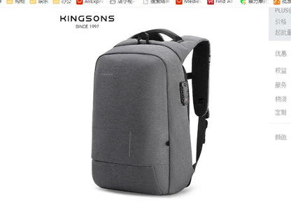 Kingsons Men's Backpack Fashion Multifunction USB Charging Men 13 15 inch Laptop Backpacks Anti-theft Bag For Men