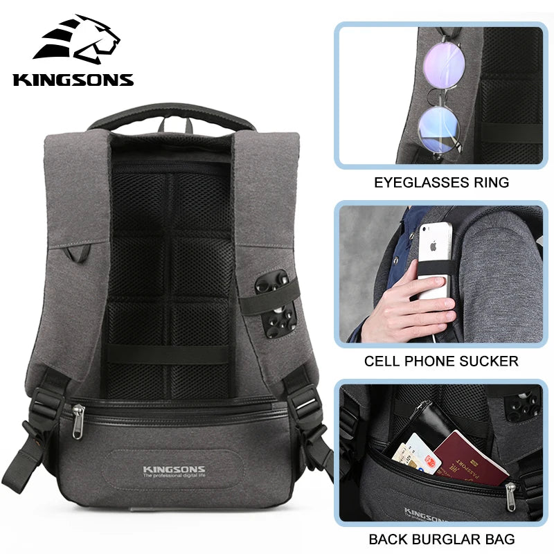 Kingsons Men's Backpack Fashion Multifunction USB Charging Men 13 15 inch Laptop Backpacks Anti-theft Bag For Men