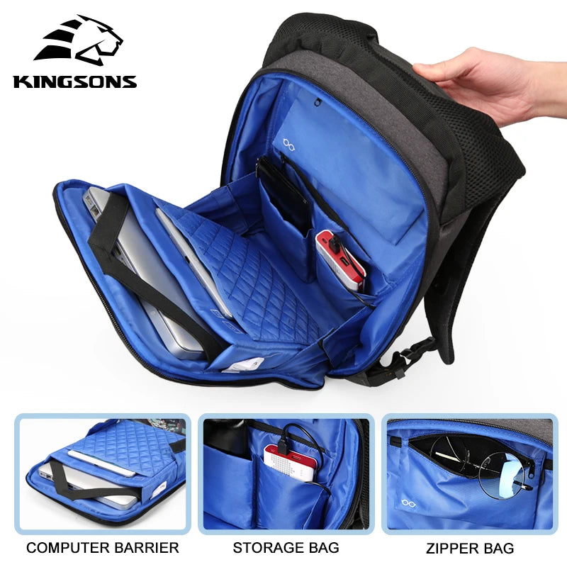 Kingsons Men's Backpack Fashion Multifunction USB Charging Men 13 15 inch Laptop Backpacks Anti-theft Bag For Men