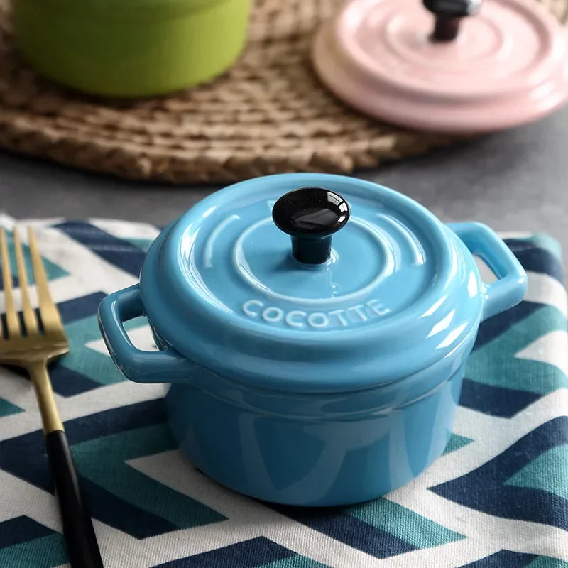 Kitchen Ceramic Bowls Soup Pot Double Ears Baking Bowl with Lid Microwave Oven Dessert Container Mini Casserole Home Cooking Pot