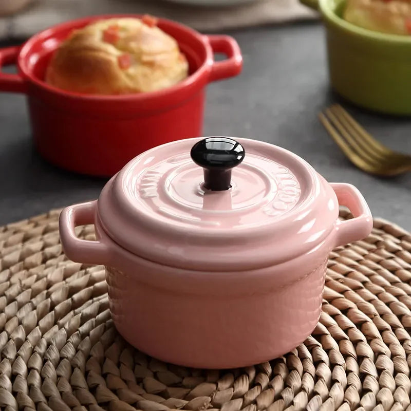 Kitchen Ceramic Bowls Soup Pot Double Ears Baking Bowl with Lid Microwave Oven Dessert Container Mini Casserole Home Cooking Pot