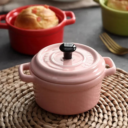 Kitchen Ceramic Bowls Soup Pot Double Ears Baking Bowl with Lid Microwave Oven Dessert Container Mini Casserole Home Cooking Pot
