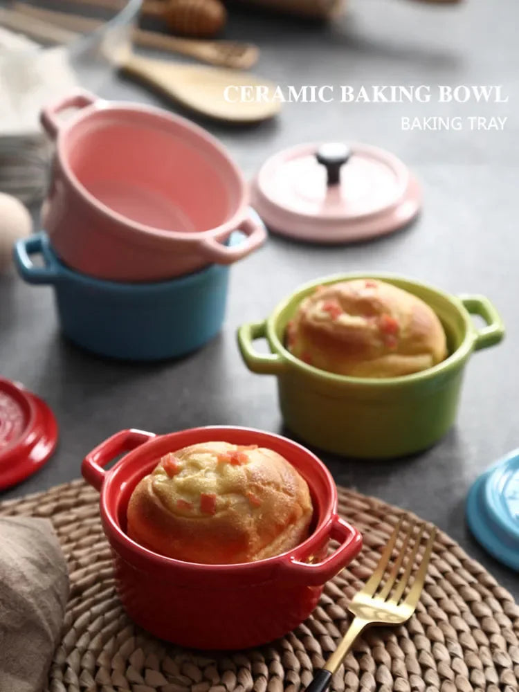 Kitchen Ceramic Bowls Soup Pot Double Ears Baking Bowl with Lid Microwave Oven Dessert Container Mini Casserole Home Cooking Pot