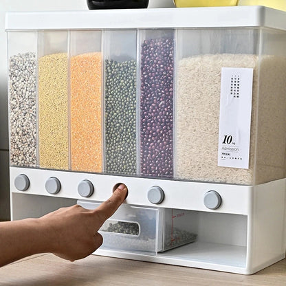 Kitchen Storage Sealed Cereal Dispenser Moisture Proof Automatic Rice Dispenser Rack Wall Mounted Dry Food Rice Splitter Bucket