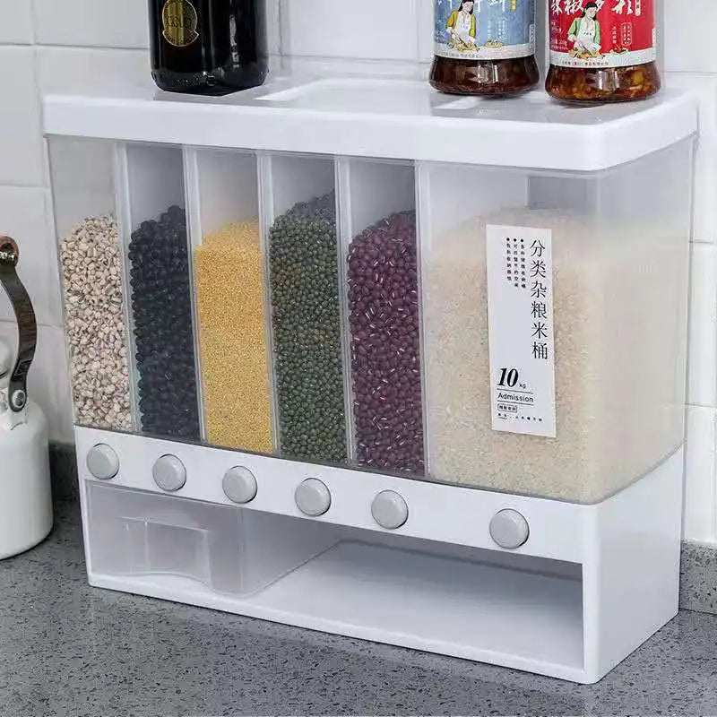 Kitchen Storage Sealed Cereal Dispenser Moisture Proof Automatic Rice Dispenser Rack Wall Mounted Dry Food Rice Splitter Bucket