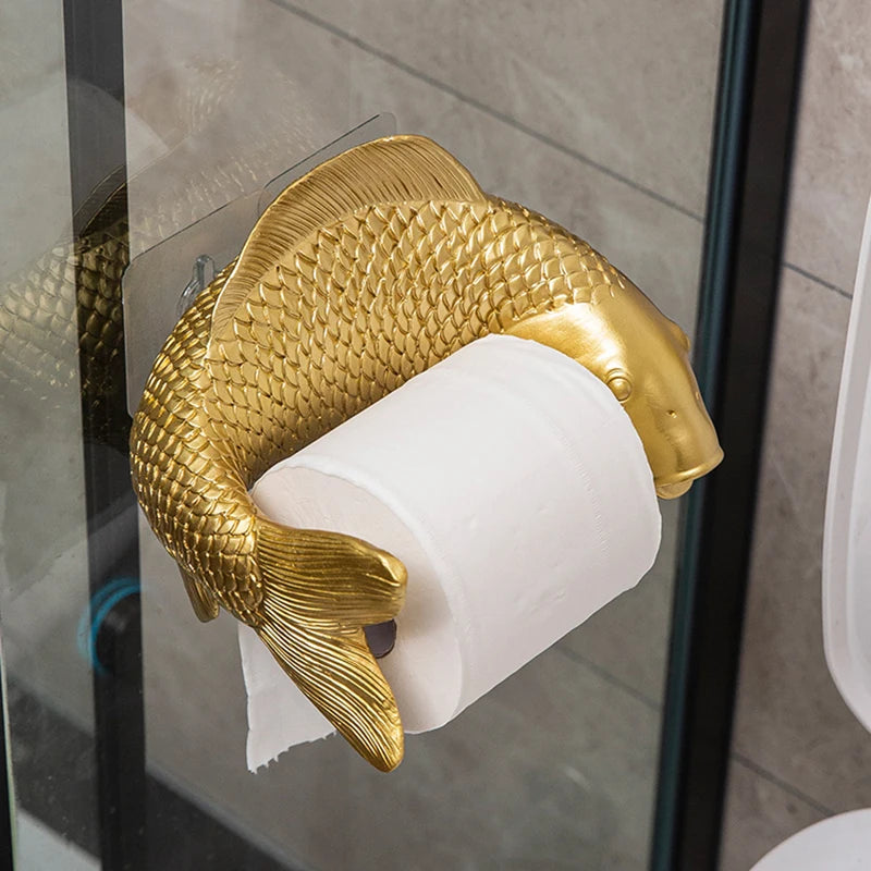 Koi Statue Fish Craft Toilet Paper Holder Towel Rack Wall Hanging Bathroom Household Toilet Paper Rack Free Punching Decoration