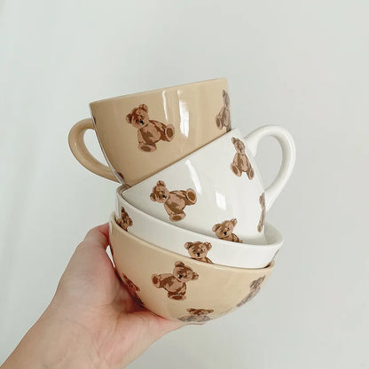 Korean Ceramic Rice Bowls Cute Cream Bear Mugs Couple Coffee Cup Ice Cream Bowl Breakfast Bread Milk Mug Household Tableware