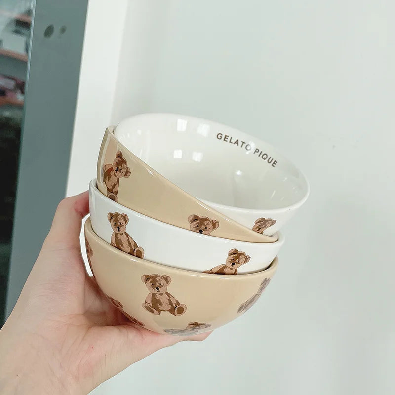 Korean Ceramic Rice Bowls Cute Cream Bear Mugs Couple Coffee Cup Ice Cream Bowl Breakfast Bread Milk Mug Household Tableware