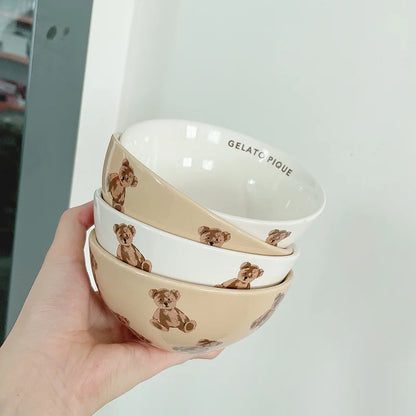 Korean Ceramic Rice Bowls Cute Cream Bear Mugs Couple Coffee Cup Ice Cream Bowl Breakfast Bread Milk Mug Household Tableware