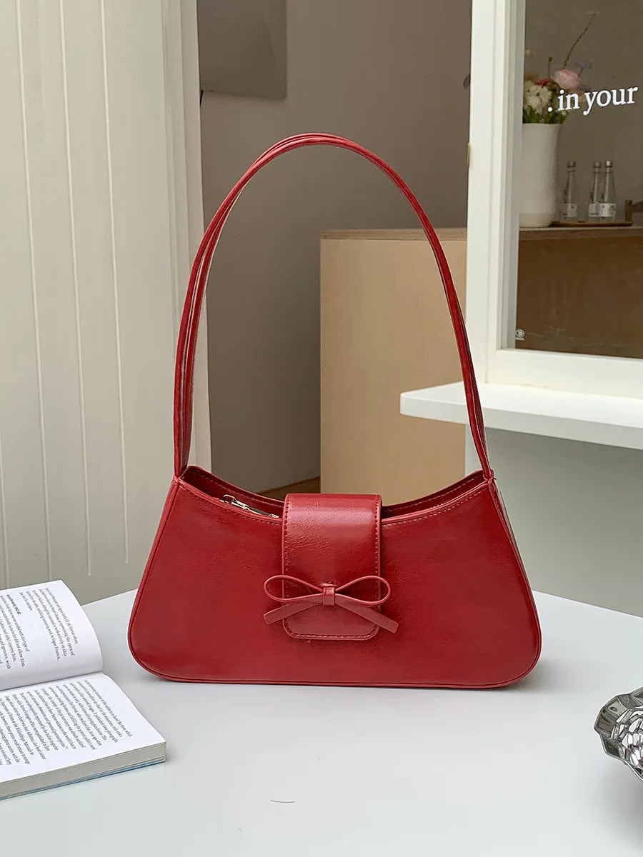 Korean Chic Bow Sweet Underarm Shoulder Bags 2024 New Fashion PU Leather Ffemale Handbags Commuter All-match Elegant Bolsas