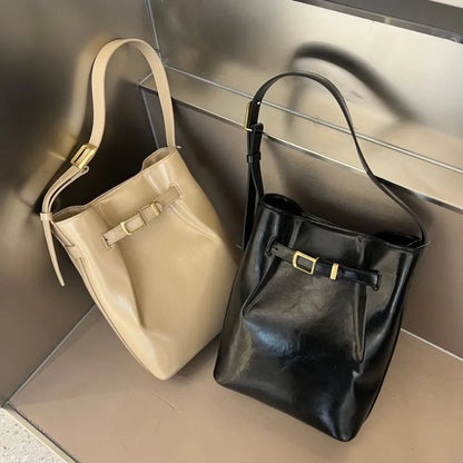 Korean Chic Designer Latch Bucket Shoulder Bag Genuine Leather Large Capacity Elegant Commuter Crossbody Handbags Luxury Bolsas