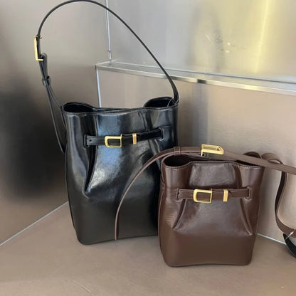 Korean Chic Designer Latch Bucket Shoulder Bag Genuine Leather Large Capacity Elegant Commuter Crossbody Handbags Luxury Bolsas