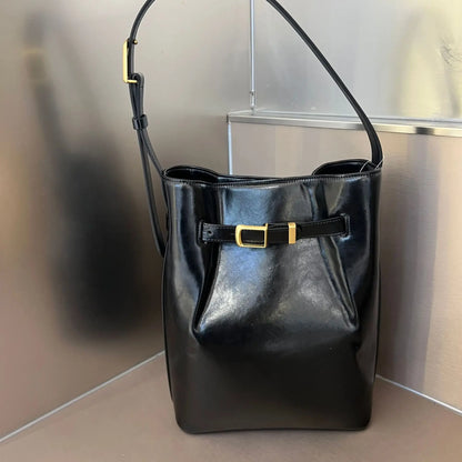 Korean Chic Designer Latch Bucket Shoulder Bag Genuine Leather Large Capacity Elegant Commuter Crossbody Handbags Luxury Bolsas