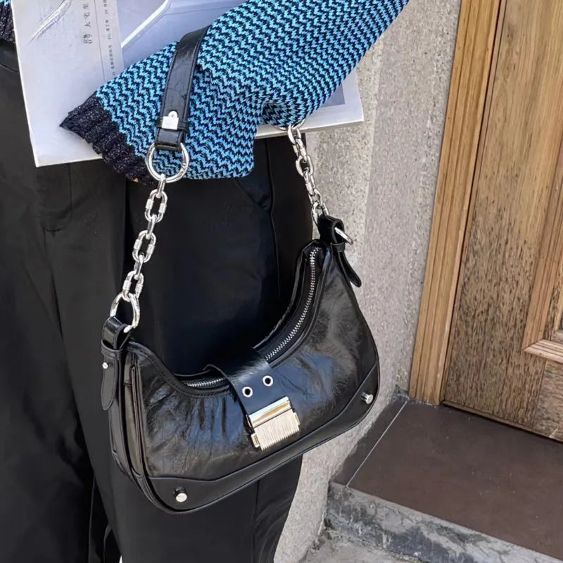 Korean Chic Half Moon Bag 2024 New Genuine Leather Underarm Handbags Fashion All-match Commuter Crossbody Purses Female Bolsas