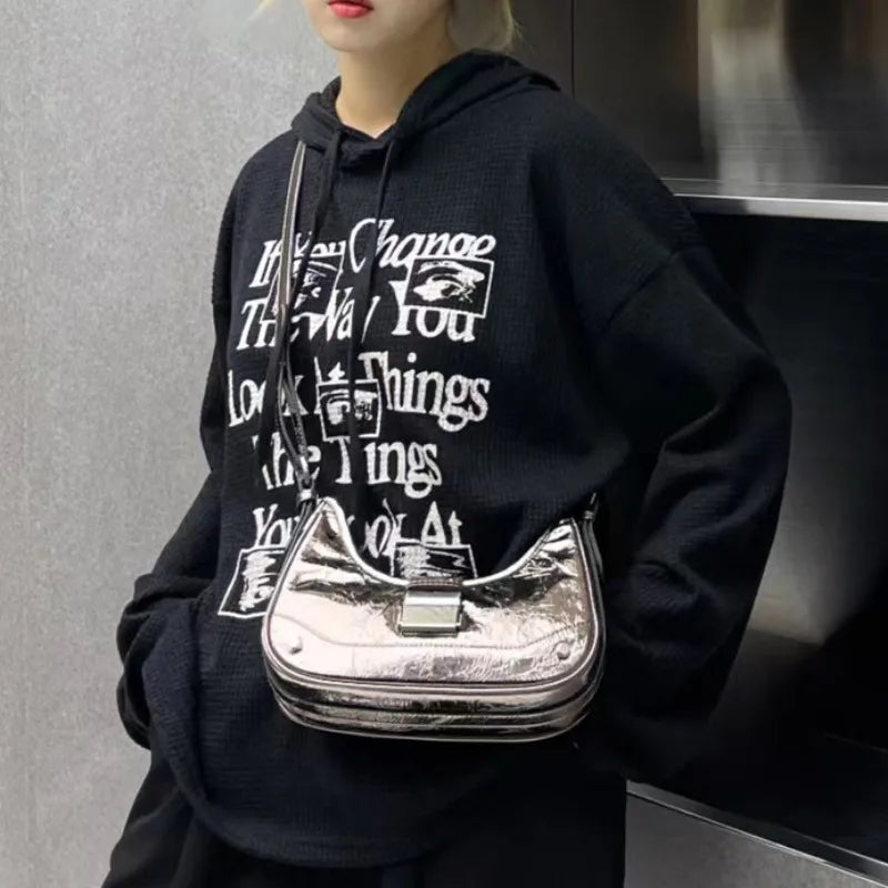Korean Chic Half Moon Bag 2024 New Genuine Leather Underarm Handbags Fashion All-match Commuter Crossbody Purses Female Bolsas