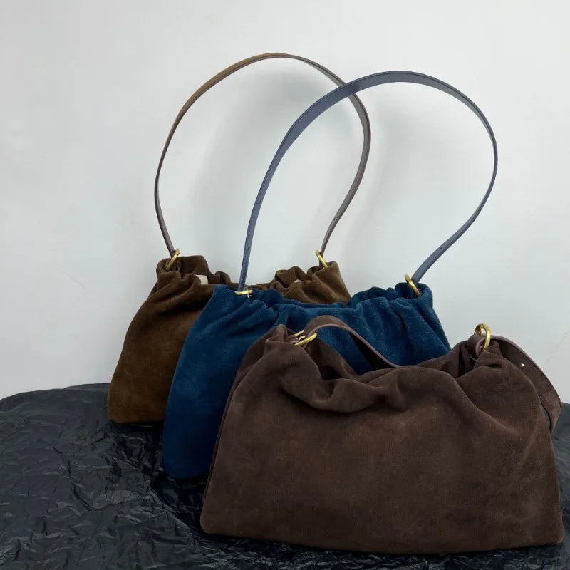 Korean Chic Minority Folds Cloud Handbag Vintage Solid Frosted Cowhide Suede Underarm Shoulder Bags Large Capacity Luxury Bolsos