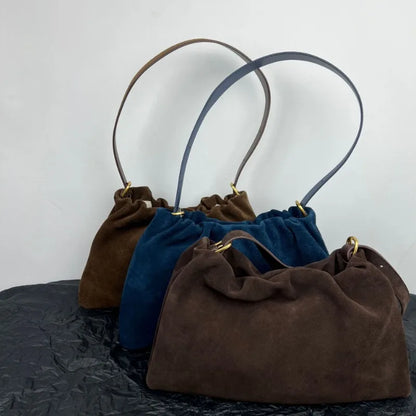 Korean Chic Minority Folds Cloud Handbag Vintage Solid Frosted Cowhide Suede Underarm Shoulder Bags Large Capacity Luxury Bolsos