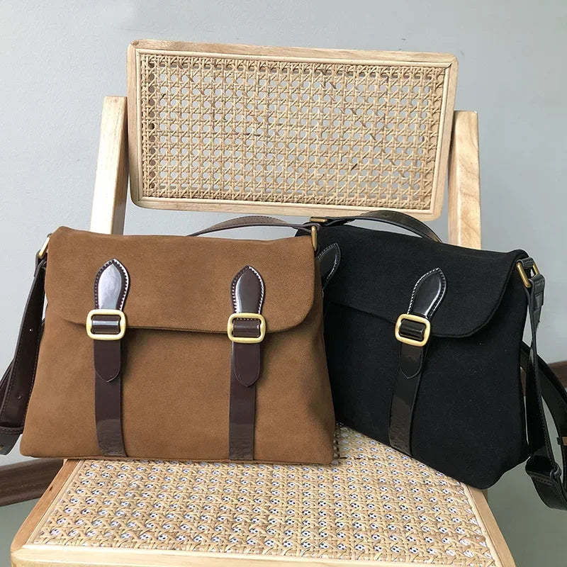 Korean Chic Preppy Style Vintage Message Bag Suede Scrub Belt Buckle One Shoulder Crossbody Bags All-match Casual Handbag Female