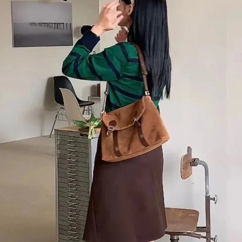 Korean Chic Preppy Style Vintage Message Bag Suede Scrub Belt Buckle One Shoulder Crossbody Bags All-match Casual Handbag Female