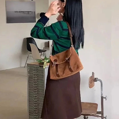 Korean Chic Preppy Style Vintage Message Bag Suede Scrub Belt Buckle One Shoulder Crossbody Bags All-match Casual Handbag Female
