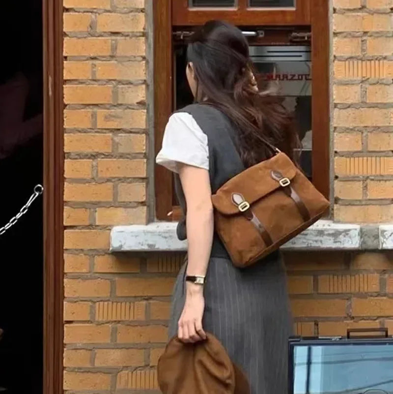 Korean Chic Preppy Style Vintage Message Bag Suede Scrub Belt Buckle One Shoulder Crossbody Bags All-match Casual Handbag Female