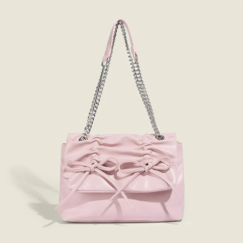 Korean Chic Sweet Bow Folds Shoulder Bag Solid Large Capacity Chain Handbags Female 2024 New Elegant Commuter Bolsas Mujer