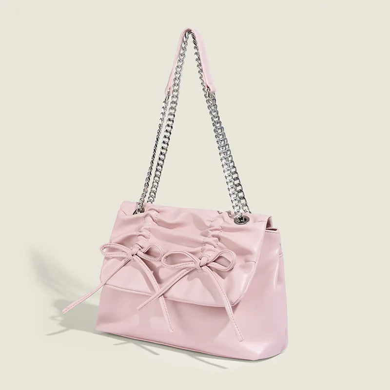 Korean Chic Sweet Bow Folds Shoulder Bag Solid Large Capacity Chain Handbags Female 2024 New Elegant Commuter Bolsas Mujer