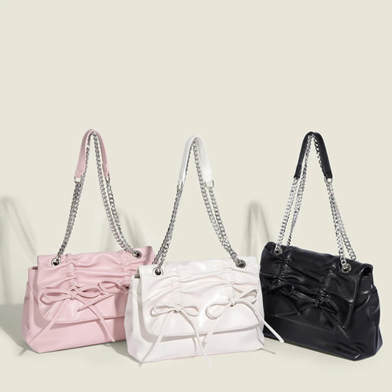 Korean Chic Sweet Bow Folds Shoulder Bag Solid Large Capacity Chain Handbags Female 2024 New Elegant Commuter Bolsas Mujer