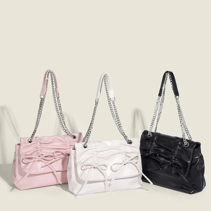 Korean Chic Sweet Bow Folds Shoulder Bag Solid Large Capacity Chain Handbags Female 2024 New Elegant Commuter Bolsas Mujer