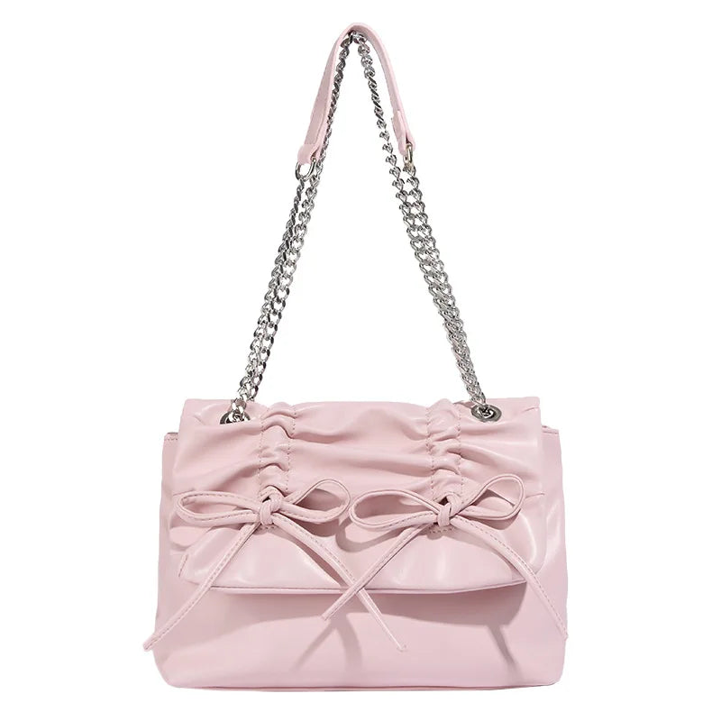 Korean Chic Sweet Bow Folds Shoulder Bag Solid Large Capacity Chain Handbags Female 2024 New Elegant Commuter Bolsas Mujer
