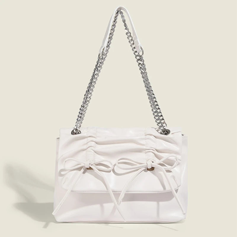 Korean Chic Sweet Bow Folds Shoulder Bag Solid Large Capacity Chain Handbags Female 2024 New Elegant Commuter Bolsas Mujer