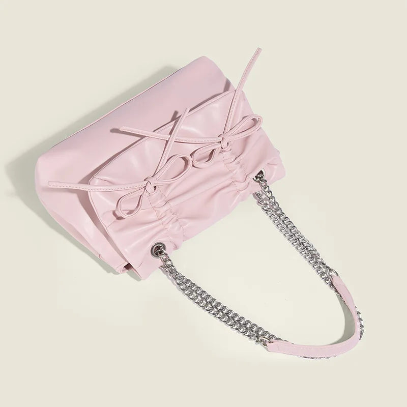 Korean Chic Sweet Bow Folds Shoulder Bag Solid Large Capacity Chain Handbags Female 2024 New Elegant Commuter Bolsas Mujer