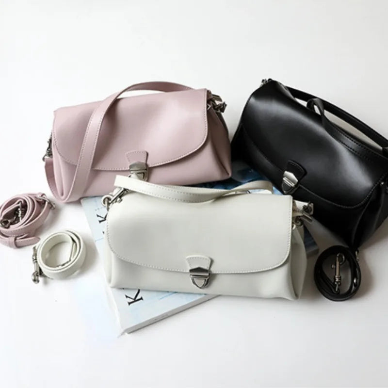 Korean Chic Sweet Solid Underarm Shoulder Bags 2024 New Casual Vintage Genuine Leather Clamshell Messenger Bag Commuter Bolsas