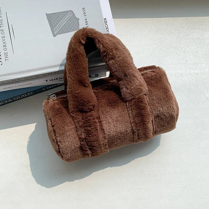 Korean Cute All-match Furry Bag 2024 New Autumn Winter Cylinder Handbag Large Capacity Casual Commuter Versatile Purses Clutch