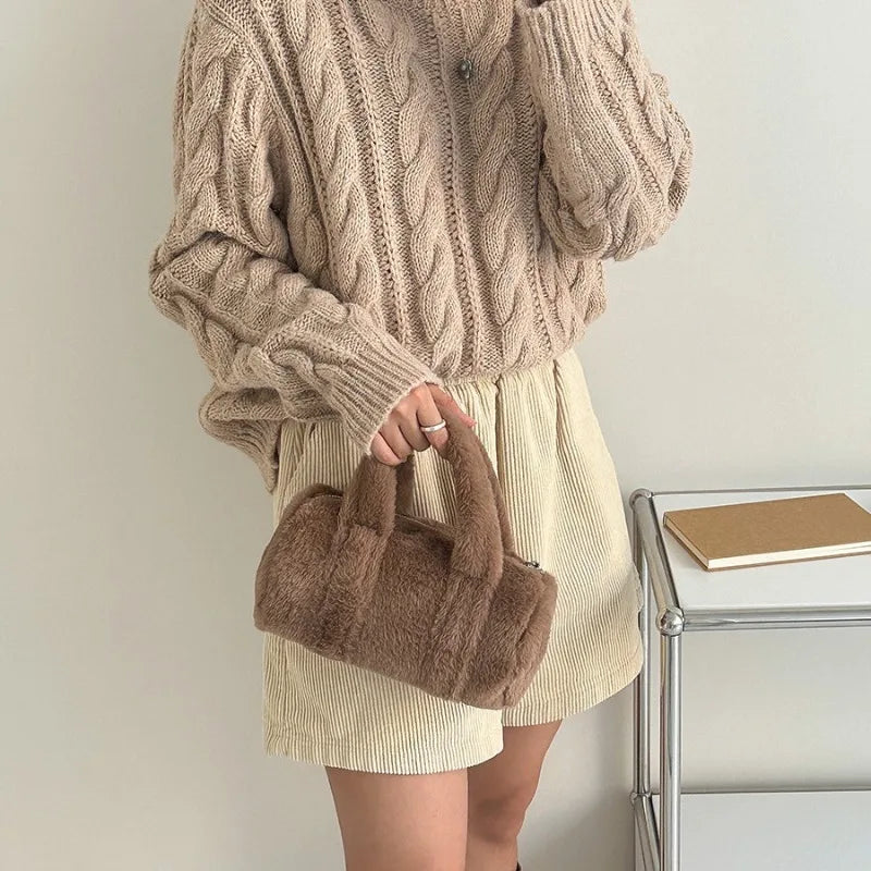 Korean Cute All-match Furry Bag 2024 New Autumn Winter Cylinder Handbag Large Capacity Casual Commuter Versatile Purses Clutch