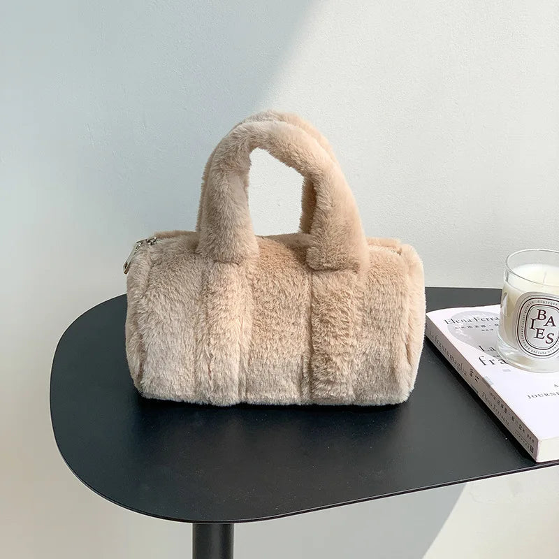 Korean Cute All-match Furry Bag 2024 New Autumn Winter Cylinder Handbag Large Capacity Casual Commuter Versatile Purses Clutch