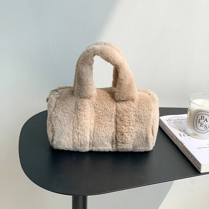 Korean Cute All-match Furry Bag 2024 New Autumn Winter Cylinder Handbag Large Capacity Casual Commuter Versatile Purses Clutch