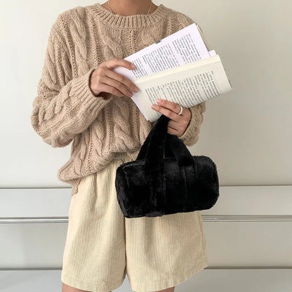 Korean Cute All-match Furry Bag 2024 New Autumn Winter Cylinder Handbag Large Capacity Casual Commuter Versatile Purses Clutch