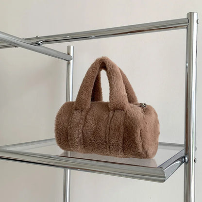 Korean Cute All-match Furry Bag 2024 New Autumn Winter Cylinder Handbag Large Capacity Casual Commuter Versatile Purses Clutch